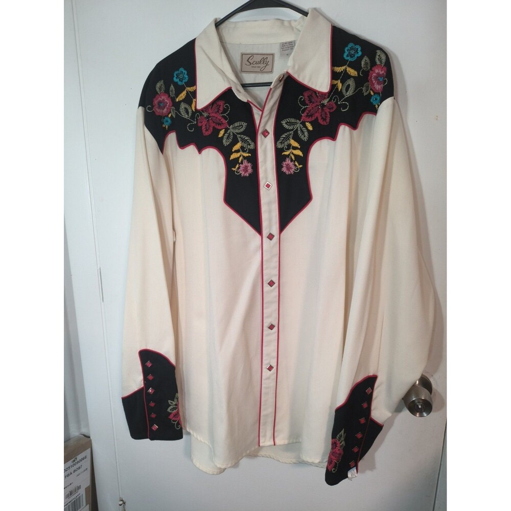 Vintage Scully Embroidered Colorful White Western Pearl Snap Rodeo Shirt XL